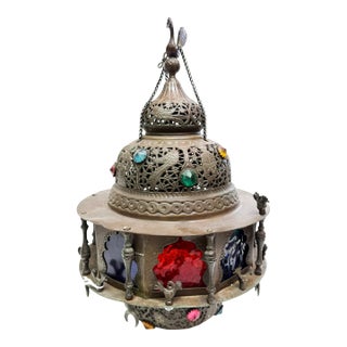 Mid Century Moroccan Filigree Hanging Light Fixture With Multi-Color Glass Moorish Style For Sale