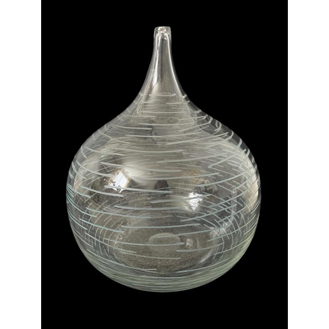 Mid-Century Modern Vintage MCM Belgium Handblown Glass Vase Etched Lines 8.5x10.5” For Sale - Image 3 of 8