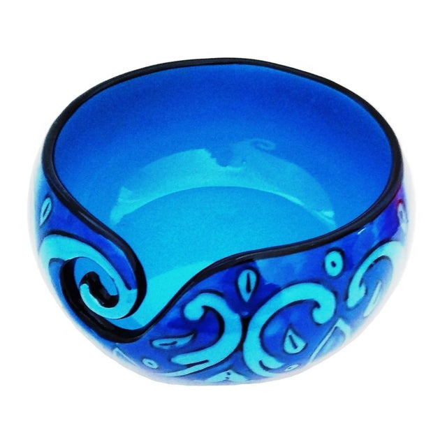 2010s Boho Chic Handcrafted Deep Water Blue Ceramic Yarn Bowl For Sale - Image 5 of 5