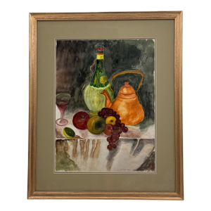 Original Signed 1980 Still Life Watercolor Painting Framed Fruit & Copper Kettle