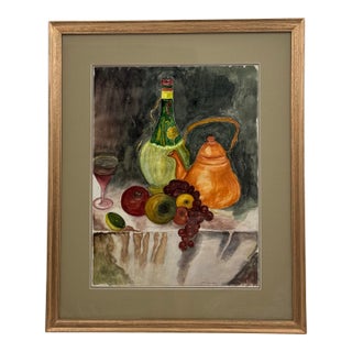 Vintage Original French Country Still Life Watercolor Fruit Wine Copper Pot For Sale