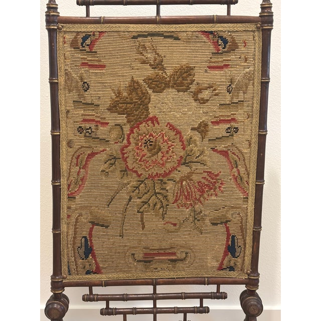 Antique 19th Century Napoleon III Faux Bamboo Fireplace Screen With Floral Needlework Panel For Sale In Little Rock - Image 6 of 18