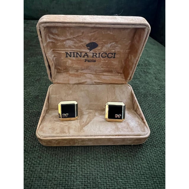 Rare Vintage Nina Ricci Gold & Black Cufflinks Logo Circa "1980" Original Case For Sale - Image 11 of 18
