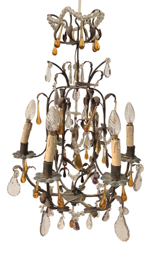 Louis XV Style Cage Chandelier with Pendants and Teardrop Pendant