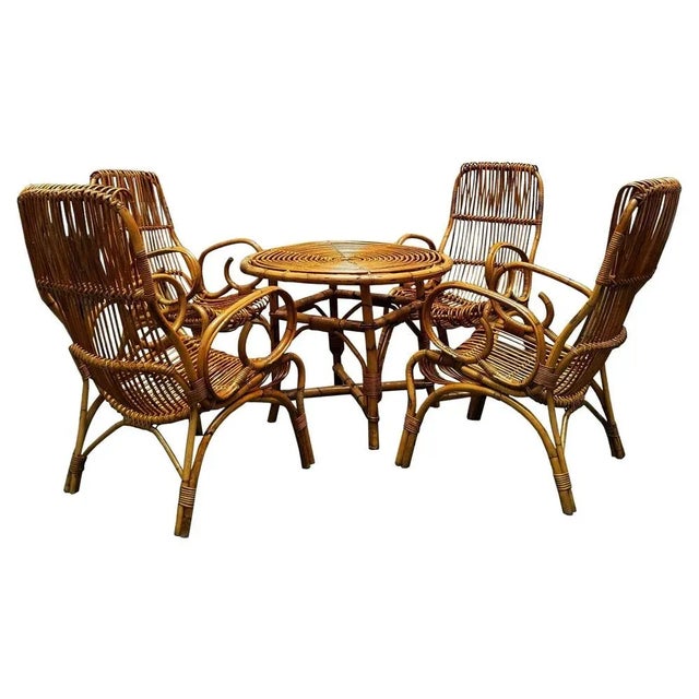 Rattan Round Dining Table Set with Matching Chairs by Franco Albini, Italy, 1960s, Set of 5 For Sale - Image 9 of 9