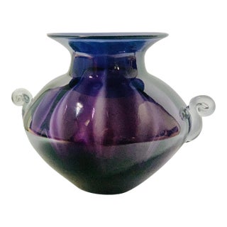 1990’s Blenko Art Glass Hand Blown Large Round Amethyst Vase With Crystal Handles For Sale