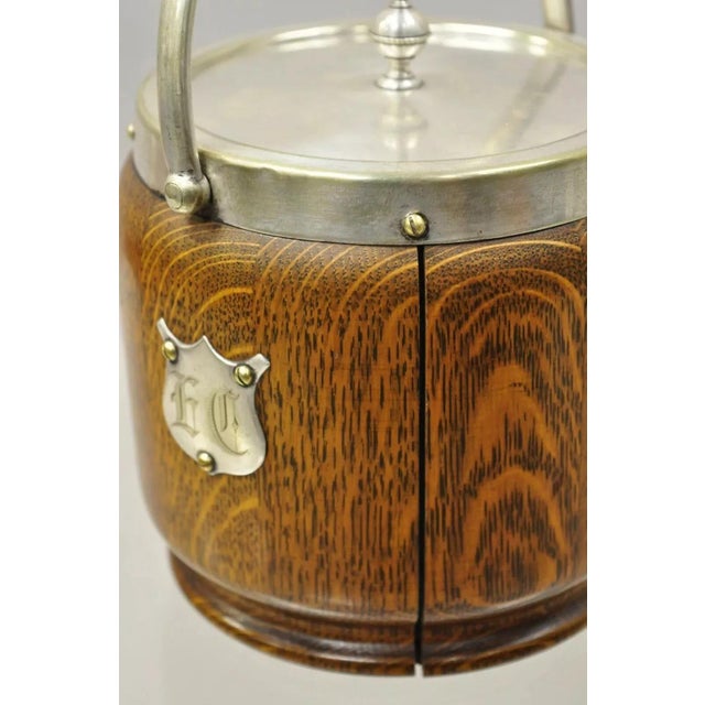 Early 20th Century Antique H.C. & C. English Silver Plate and Oak Biscuit Barrel With Lid and Liner For Sale - Image 5 of 12
