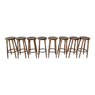 Vintage Solid Wooden Round Bar High Stool - Set of 8 For Sale