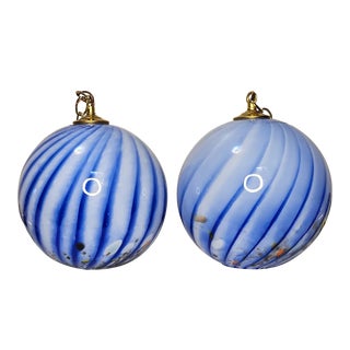 Vintage Blue Swirled Hand Blown Pendants - a Pair For Sale