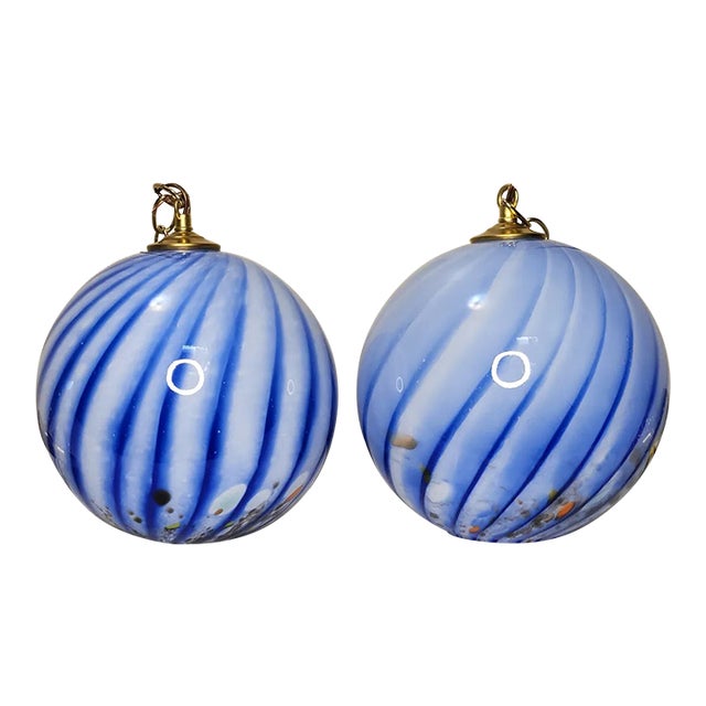 Vintage Blue Swirled Hand Blown Pendants - a Pair For Sale