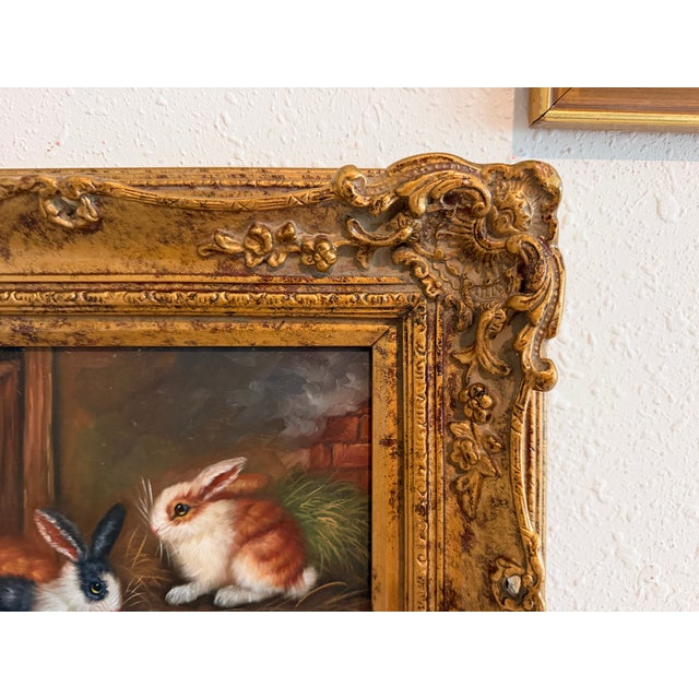 Paint Vintage R Mario Oil Painting Three Rabbits Bunnies Farmhouse Art Gold Frame For Sale - Image 7 of 10