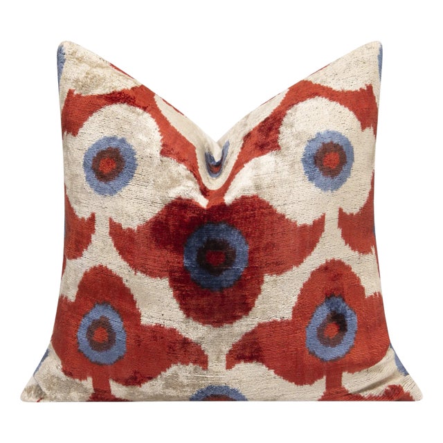 Luxury Silk Velvet Throw Pillow - Rust Red, Blue, and Ivory Floral Design, 16x16 For Sale