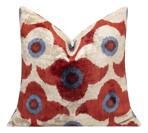 Luxury Silk Velvet Throw Pillow Rust Red, Blue, and Ivory Floral