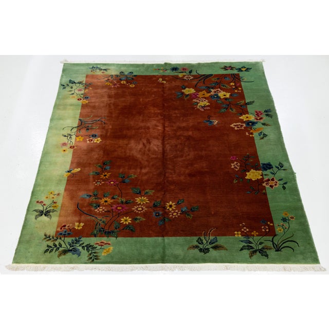 Art Deco Antique Art Deco Handmade Floral Chinese Green and Brown Wool Rug For Sale - Image 3 of 13