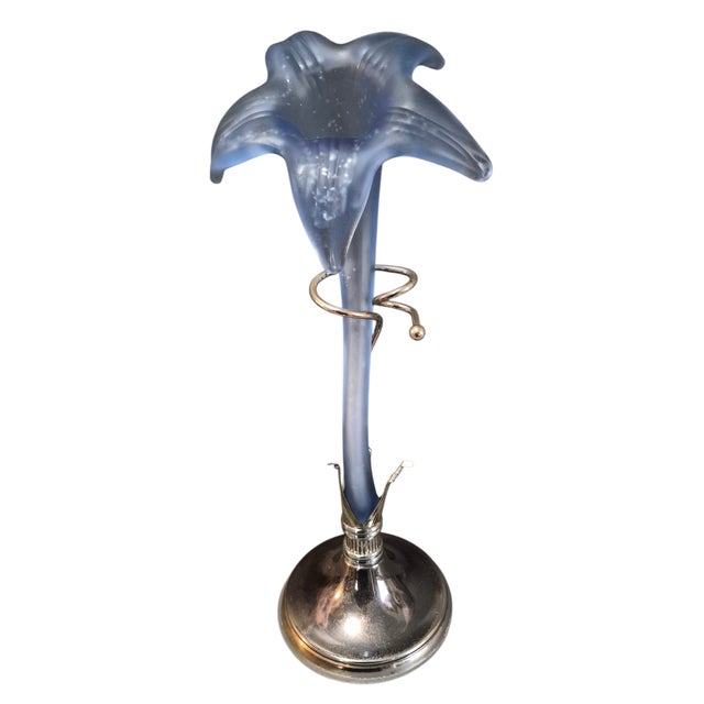 Blue Vintage Blue Satin Glass Lily Epergne Vase on Metal Silvered Stand For Sale - Image 8 of 8