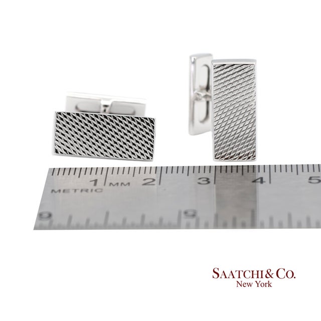 Asprey London 18k(750) Solid White Gold Classic Rectangular Crosshatch Cufflinks, A Pair For Sale - Image 9 of 12