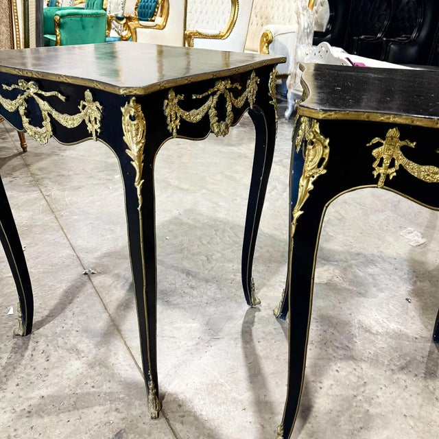 Pair Italian Style Black Side Tables Set With Bronze Details For Sale - Image 9 of 9