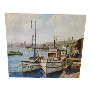 1940s Mid Century Modern Impressionist Signed Harbor Boat Painting