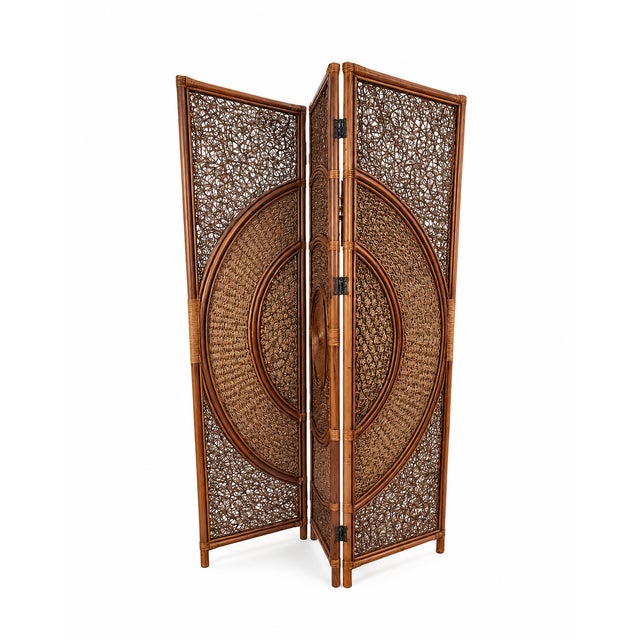 Vintage Dark Rattan 3-Panel Folding Screen Room Divider For Sale - Image 4 of 5