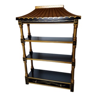 1980s Vintage Chinoiserie Ebonized and Gilt Pagoda Top Wall Cabinet For Sale