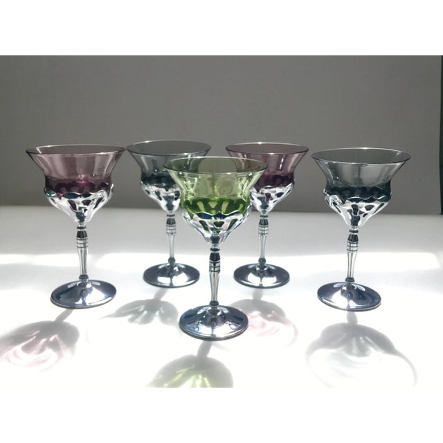 Vintage Multicolored Chrome Scrollwork Wine Glasses- Set of 5 For Sale - Image 11 of 13
