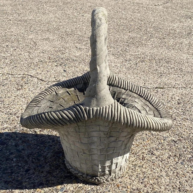 Vintage Woven Basket With Handle Cast Concrete Stone Large Garden Planter Pot For Sale - Image 10 of 10