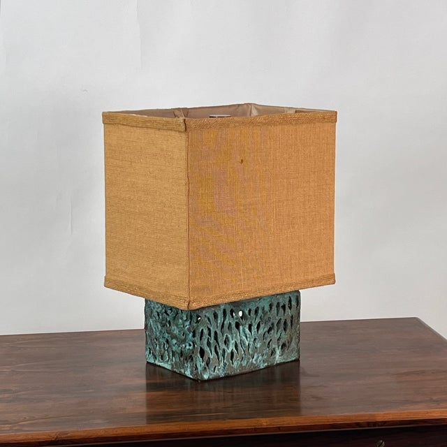 Unique welded and patinated bronze table lamp in the style of Harry Bertoia, showcasing an organic sculptural form with a...