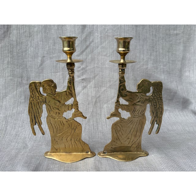 Vintage Brass Angel Figural Candlesticks Holders a Pair For Sale - Image 12 of 16