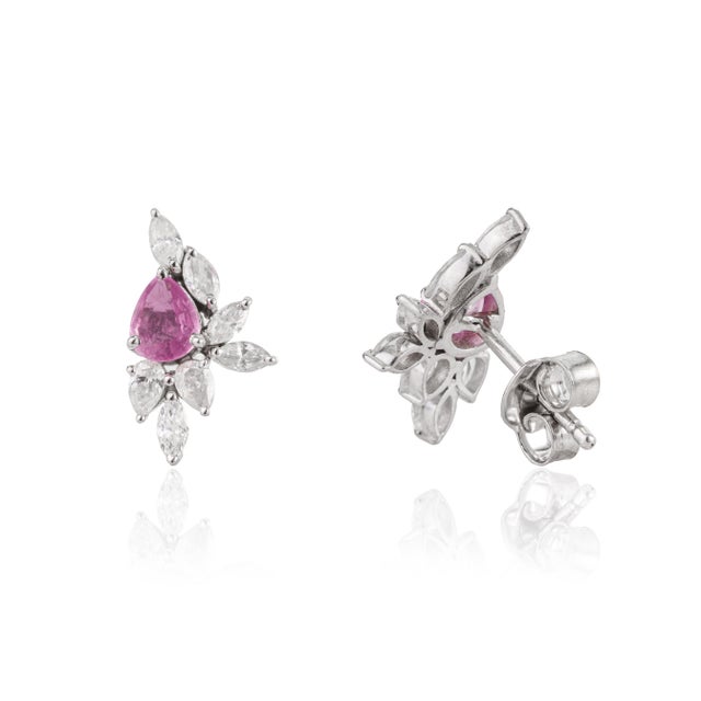 Metal 14k Gold Natural Pink Sapphire & Diamond Artistic Cluster Stud Earrings- A Pair For Sale - Image 7 of 14