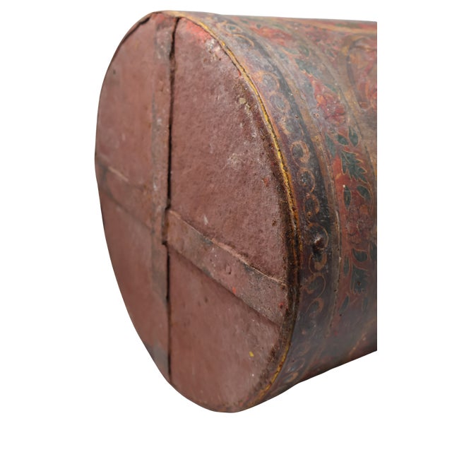 Antique Indonesian Handcrafted Metal Storage Vessel With Hand-Painted Floral Cartouches & Ornamental Hardware For Sale - Image 16 of 18