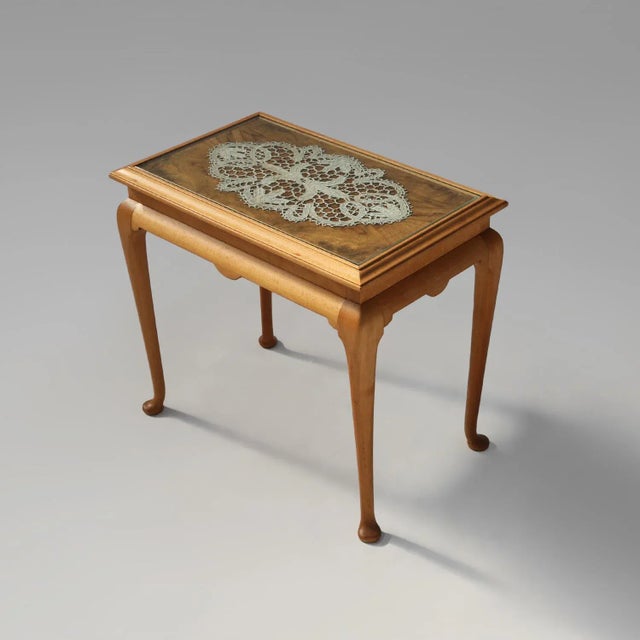 French Side Table in Beech with Lace Inlay and Glass Top, 1950s For Sale - Image 11 of 11
