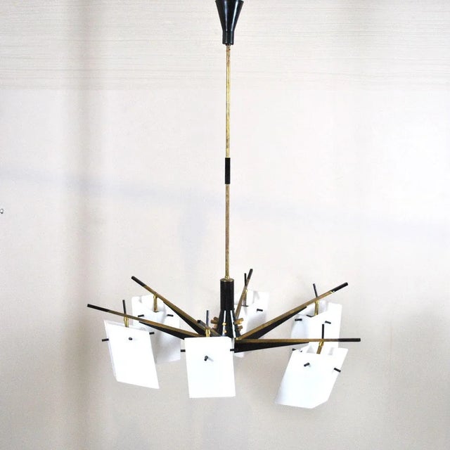 Brass, Wood, and Opaline Glass Pendant Lamp by Stilux, 1960s For Sale - Image 14 of 14