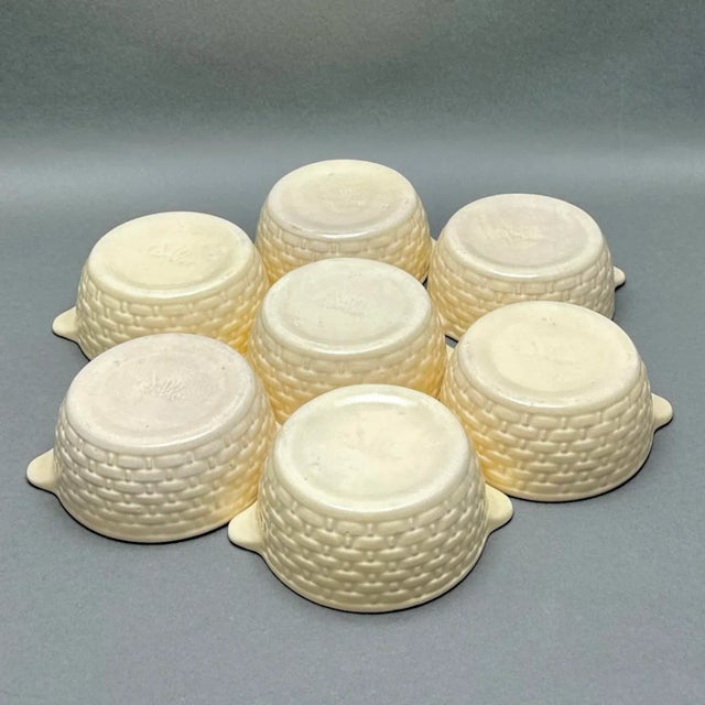 1930s Vintage 1930’s Weller Pottery “Pierre” Beige Stoneware Basketweave Handled Individual Casseroles/Tureens- Set of 7 For Sale - Image 5 of 8