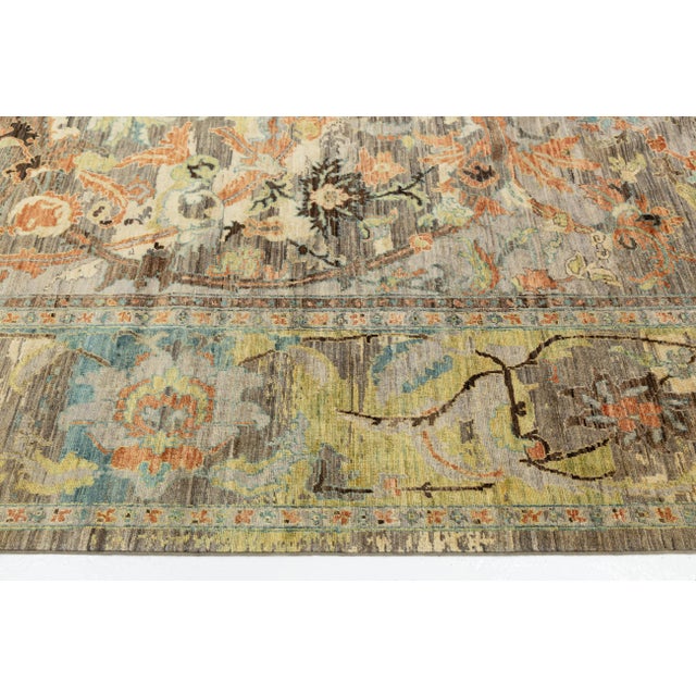 Teal Modern Bidjar Style Transitional Wool Rug – Earthy Abstract Floral Design 10x14 For Sale - Image 8 of 11