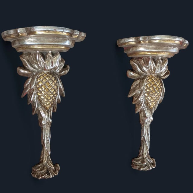Chelsea House Inc Vintage Silver and Gold Leafed Plaster Pineapple Decorative Wall Brackets- A Pair For Sale - Image 4 of 16