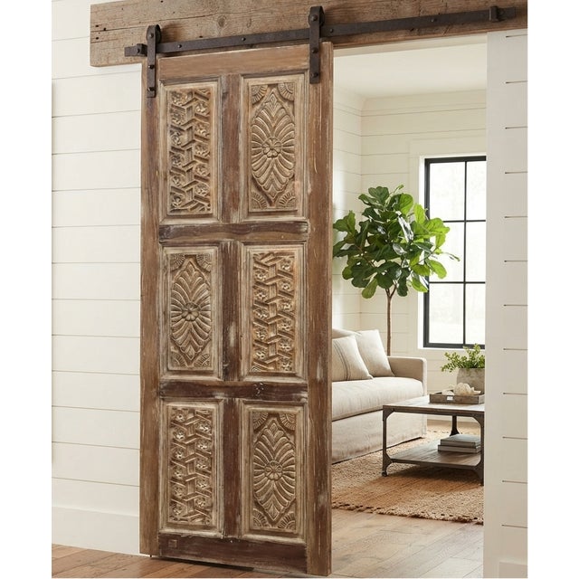 Vintage Floral Carved Wood Sliding Barn Door – Natural Rustic Statement Piece 82x32 For Sale In Orlando - Image 6 of 6