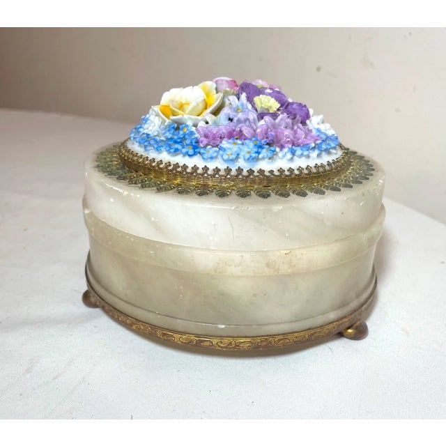Handmade Antique Ornate Alabaster Porcelain Ormolu Bronze Dresser Box Jar Brass For Sale - Image 4 of 9