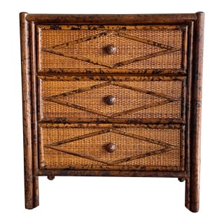 1980s Vintage British Colonial Style Burnt Bamboo and Cane Nightstand For Sale