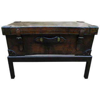 English Leather Trunk Adapted as a Coffee Table on a Wood Base, 19th Century For Sale