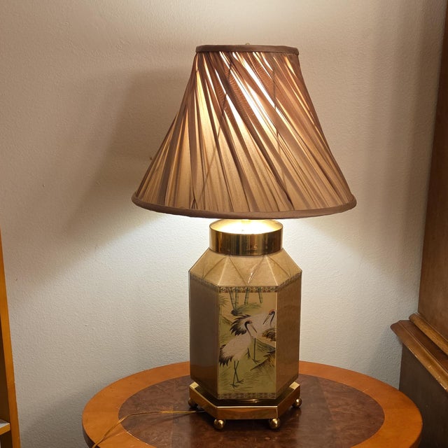 Vintage Chinoiserie Hexagonal Reverse-Painted Glass & Brass Table Lamp For Sale - Image 11 of 15