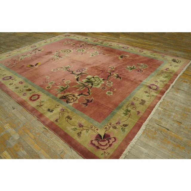 Art Deco 1920s Pink Cerise Floral Sprays Antique Chinese Art Deco Carpet 9' X 11' 5'' Knotted Wool Rug For Sale - Image 3 of 9