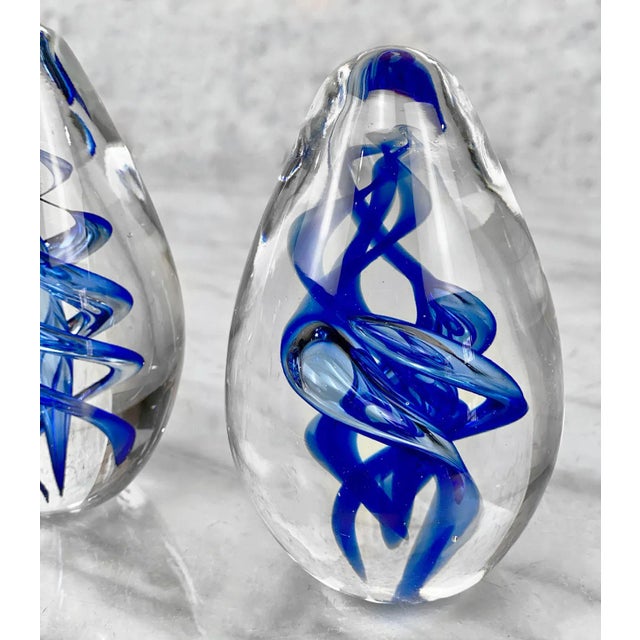 Mid 20th Century Mid-Century Hand Blown Art Glass Blue Spiraled Egg Paperweight - a Pair For Sale - Image 5 of 7