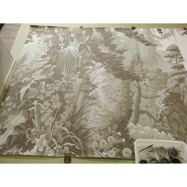 Gray Hand Painted Vintage Exotic Mountain Jungle Panoramic Mural Panels For Sale - Image 8 of 9