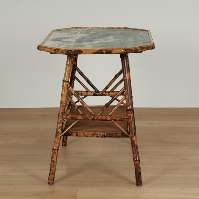 Wood Antique English Bamboo and Grasscloth Table With a Bird Top For Sale - Image 7 of 17