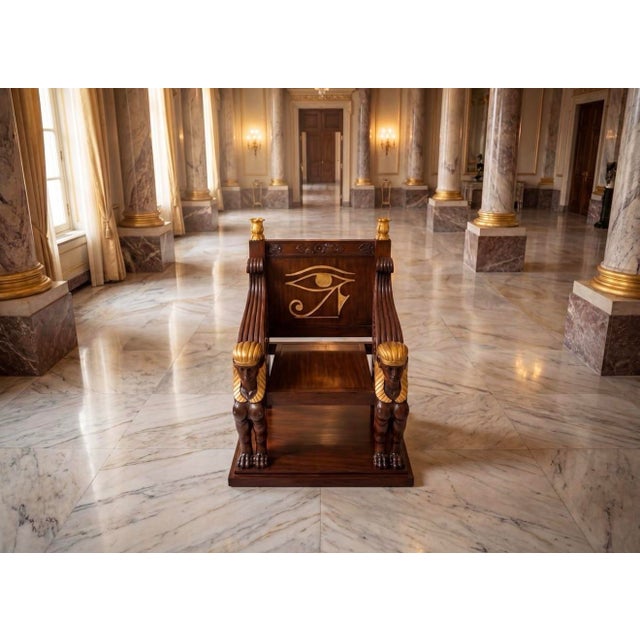 Hollywood Regency 1960s Egyptian Revival Throne Chair With Winged Sphinxes & Eye of Horus For Sale - Image 3 of 6