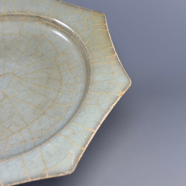 Chinese Antique Chinese Celadon Octagonal Foliate‑Rim Plate, Collectible Antique For Sale - Image 3 of 6