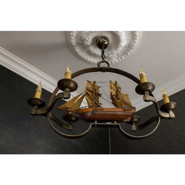 1970s Mid-Century Wrought Iron Six-Light Chandelier with Ship, France, 1970s For Sale - Image 5 of 18