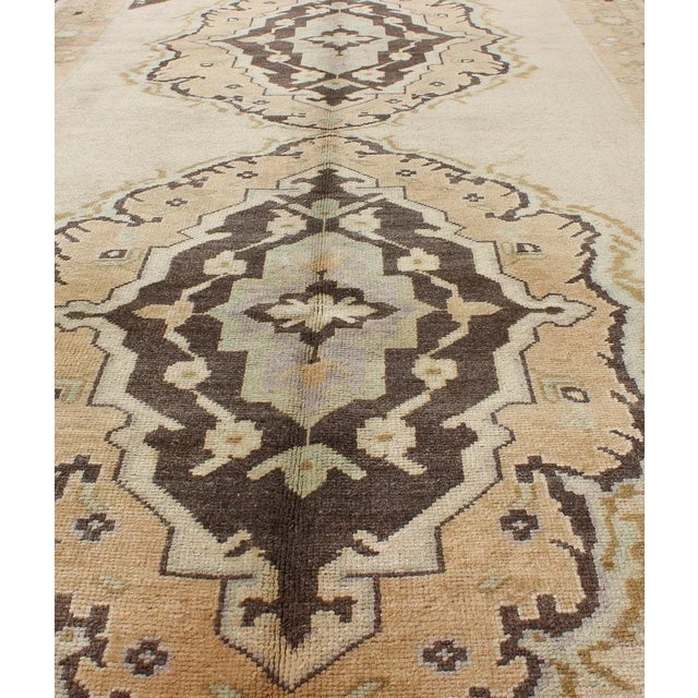 Mid 20th Century Vintage Turkish Oushak Gallery Rug With Two Medallions in Taupe, Brown and Cream For Sale - Image 5 of 10