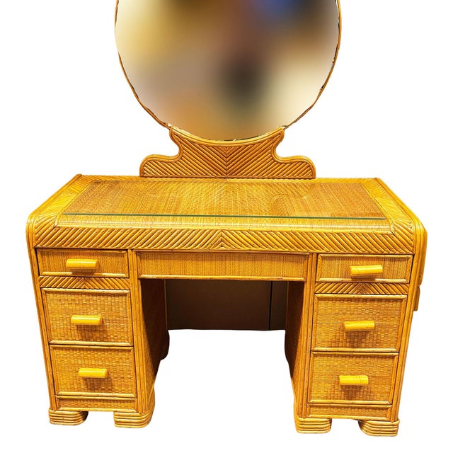 Restored Art Deco Stick Reed Rattan Vanity W/ Round Mirror & Stool For Sale - Image 4 of 17