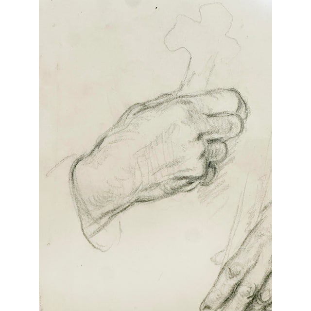 Delicate and masterfully observed, this original German pencil drawing from 1950 depicts two expressive hand studies...